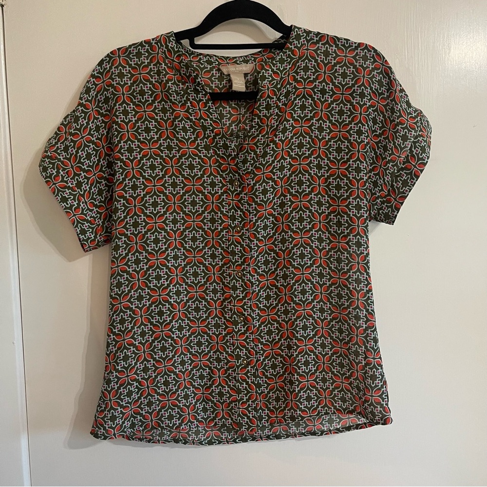 Banana Republic Orange and Olive Green Boxy Blouse with Mandarin Collar Size S